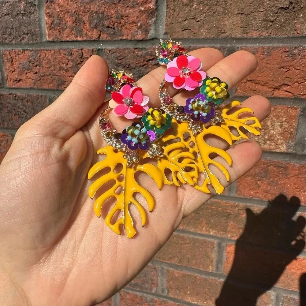 Zara Rio Tropical Monstera Yellow Leaves Drop Earrings - Picture 5 of 8